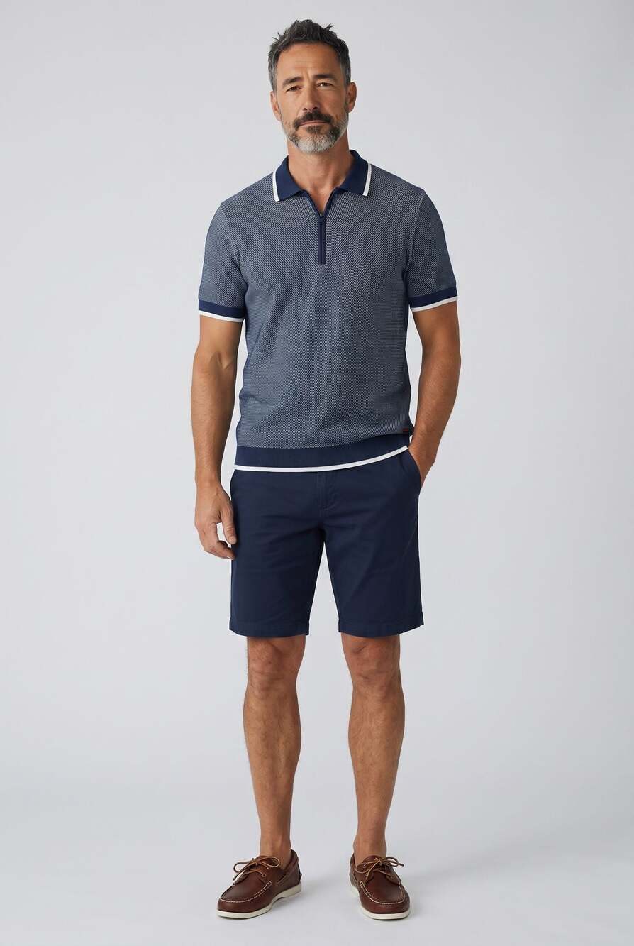 HUGO Men's Sholono Zip Knit Polo Shirt Blue White Textured Large